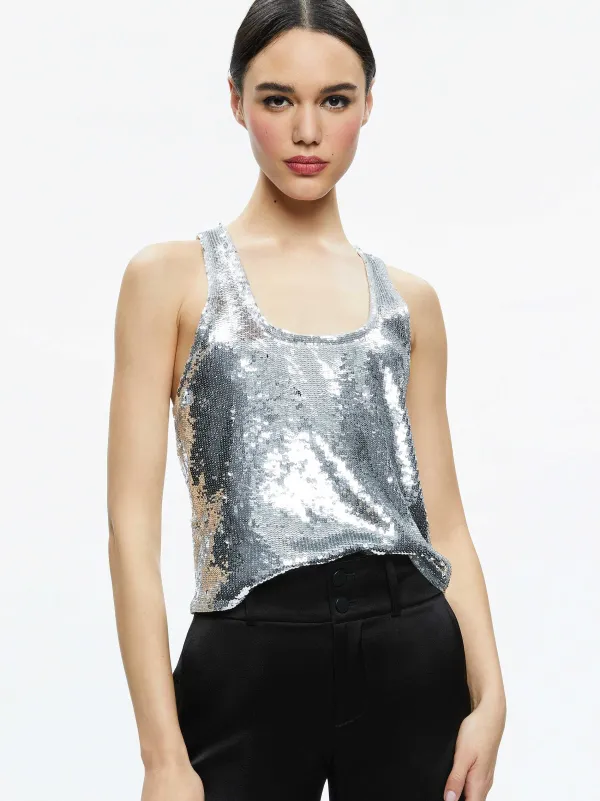 Women Alice and Olivia Avril Sequin Boxy Tank