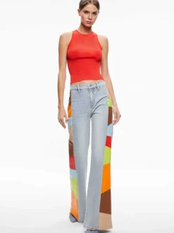Women Alice and Olivia Beautiful Vegan Leather Patchwork Flare Jean