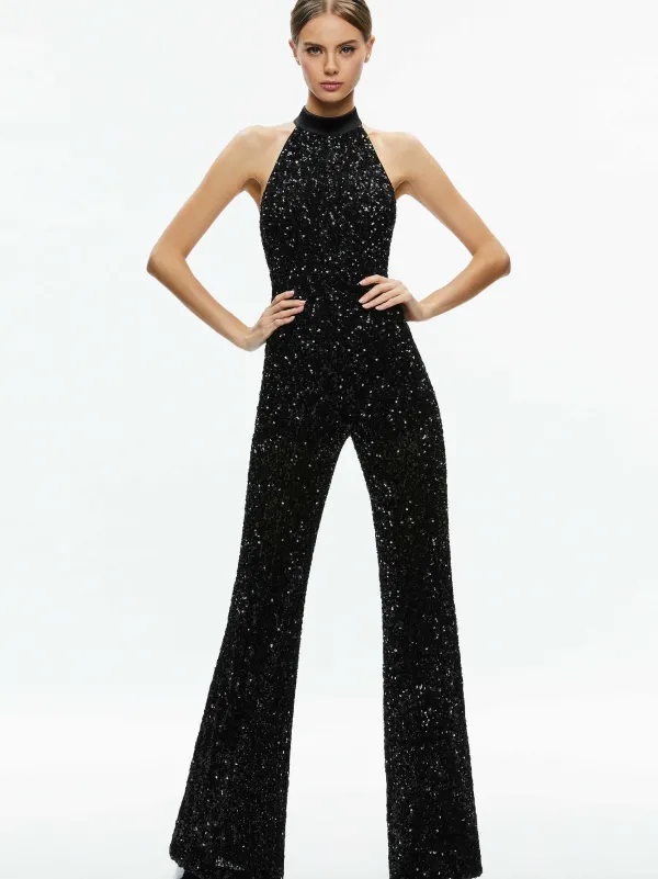 Women Alice and Olivia Cataline Sequin High Neck Wide Leg Jumpsuit