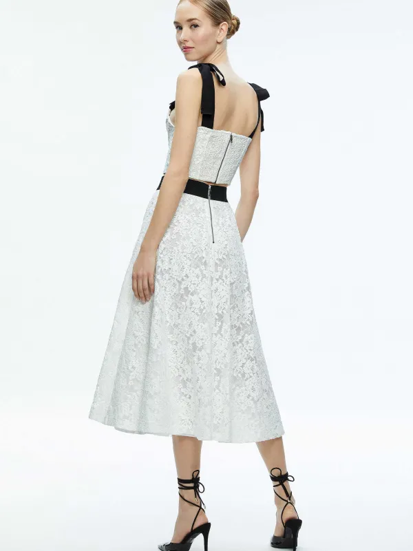 Women Alice and Olivia Clara Bow Strap Bustier Crop Top + Earla Lace Midi Skirt