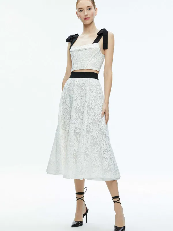 Women Alice and Olivia Clara Bow Strap Bustier Crop Top + Earla Lace Midi Skirt