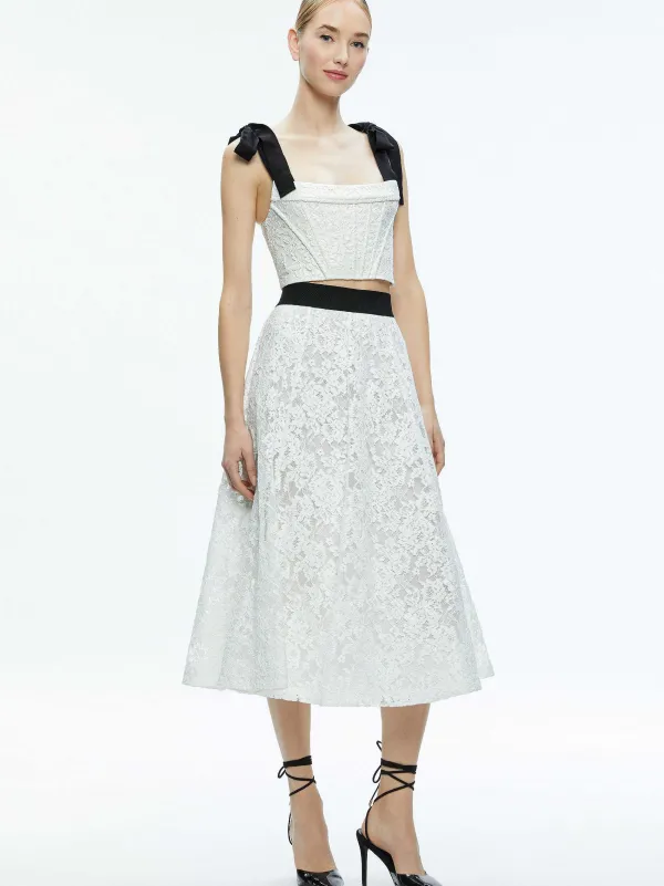 Women Alice and Olivia Clara Bow Strap Bustier Crop Top + Earla Lace Midi Skirt
