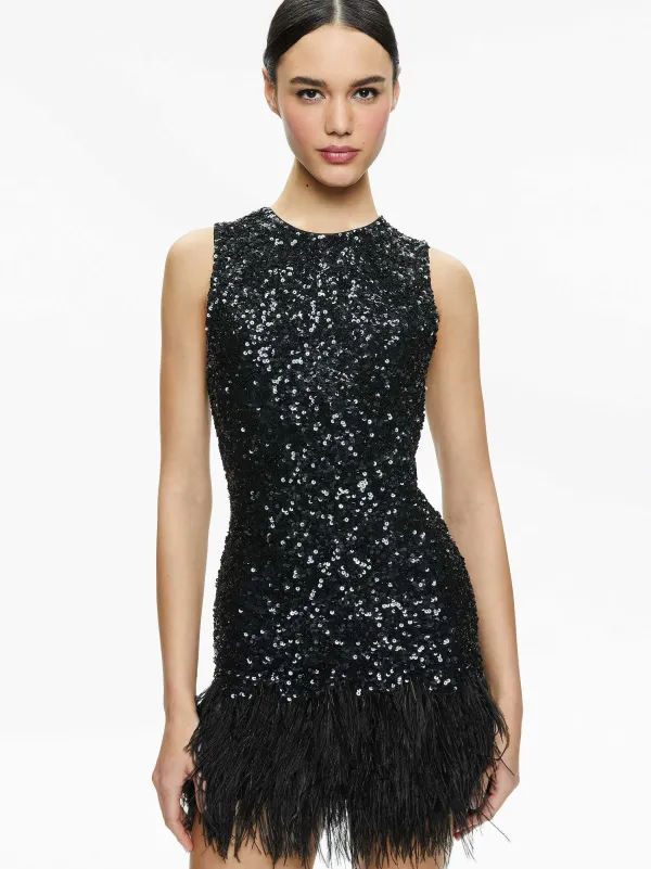 Women Alice and Olivia Coley Embellished Feather Trim Mini Dress