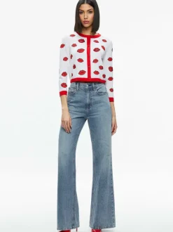 Women Alice and Olivia Daroda Kiss Crewneck Cropped Cardigan