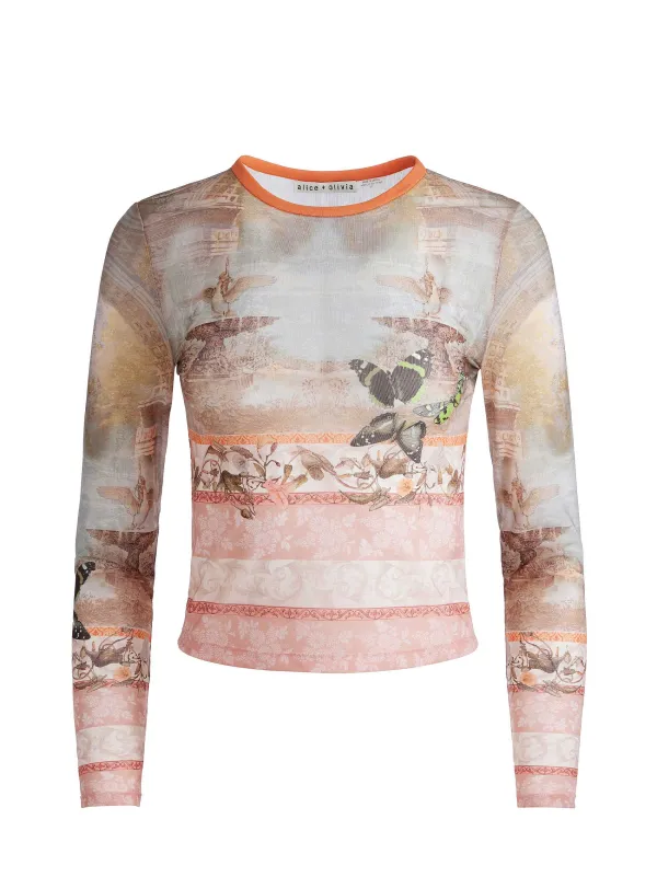 Women Alice and Olivia Delaina Printed Mesh Long Sleeve Crop Top
