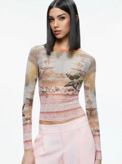Women Alice and Olivia Delaina Printed Mesh Long Sleeve Crop Top