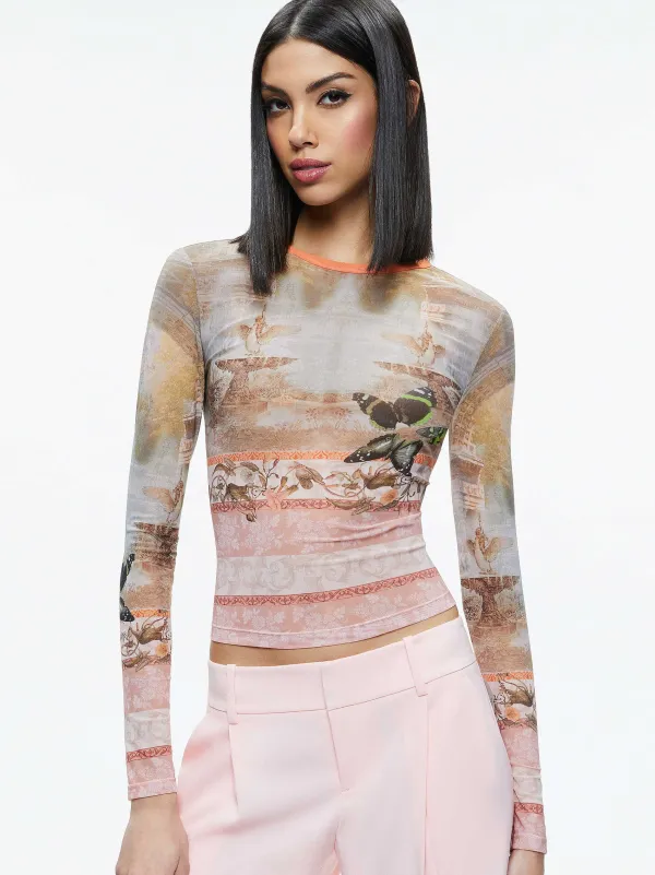 Women Alice and Olivia Delaina Printed Mesh Long Sleeve Crop Top