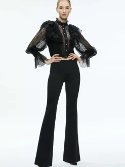 Women Alice and Olivia Delpha Ruffle Lace Blouson Sleeve Cropped Top