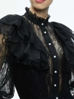 Women Alice and Olivia Delpha Ruffle Lace Blouson Sleeve Cropped Top