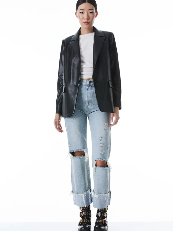 Women Alice and Olivia Denny Vegan Leather Notch Collar Blazer