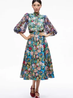 Women Alice and Olivia Earla Vegan Leather Flare Skirt + Ilan Smocked Sleeve Button Front Blouse