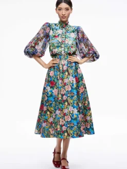 Women Alice and Olivia Earla Vegan Leather Flare Skirt + Ilan Smocked Sleeve Button Front Blouse