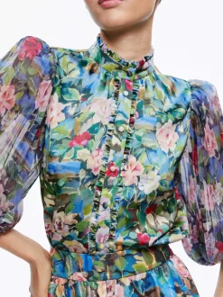 Women Alice and Olivia Earla Vegan Leather Flare Skirt + Ilan Smocked Sleeve Button Front Blouse