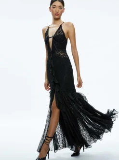 Women Alice and Olivia Edera Ruffle Lace Maxi Gown