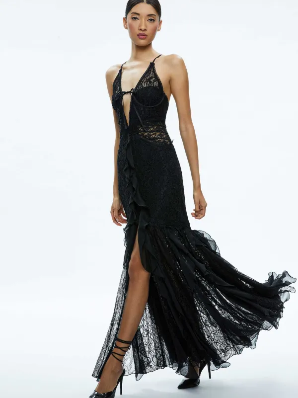Women Alice and Olivia Edera Ruffle Lace Maxi Gown
