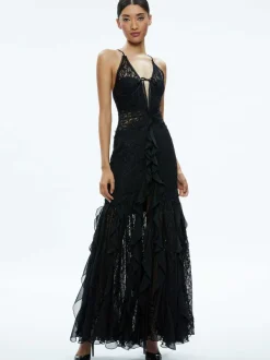 Women Alice and Olivia Edera Ruffle Lace Maxi Gown