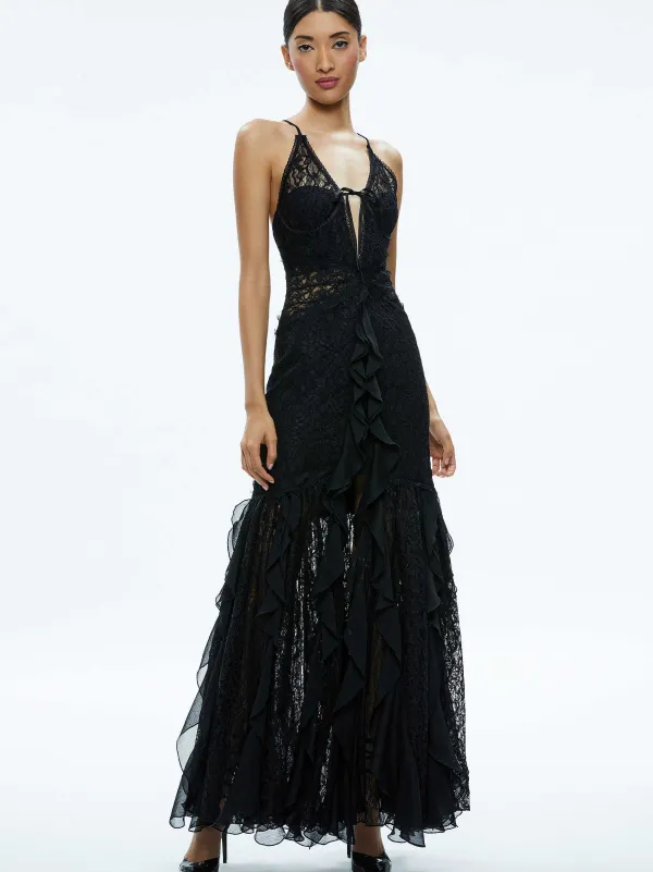 Women Alice and Olivia Edera Ruffle Lace Maxi Gown
