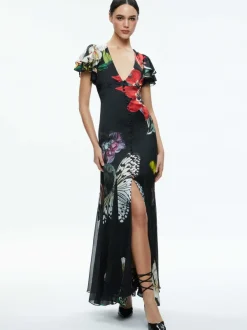 Women Alice and Olivia Fara Deep V-Neck Flutter Sleeve Maxi Dress