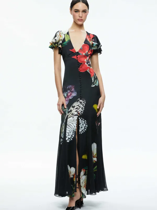 Women Alice and Olivia Fara Deep V-Neck Flutter Sleeve Maxi Dress
