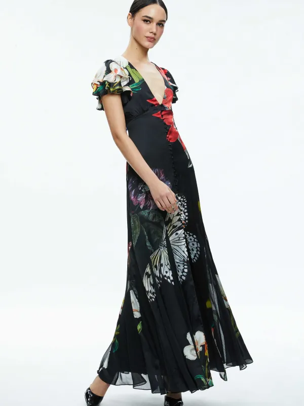 Women Alice and Olivia Fara Deep V-Neck Flutter Sleeve Maxi Dress