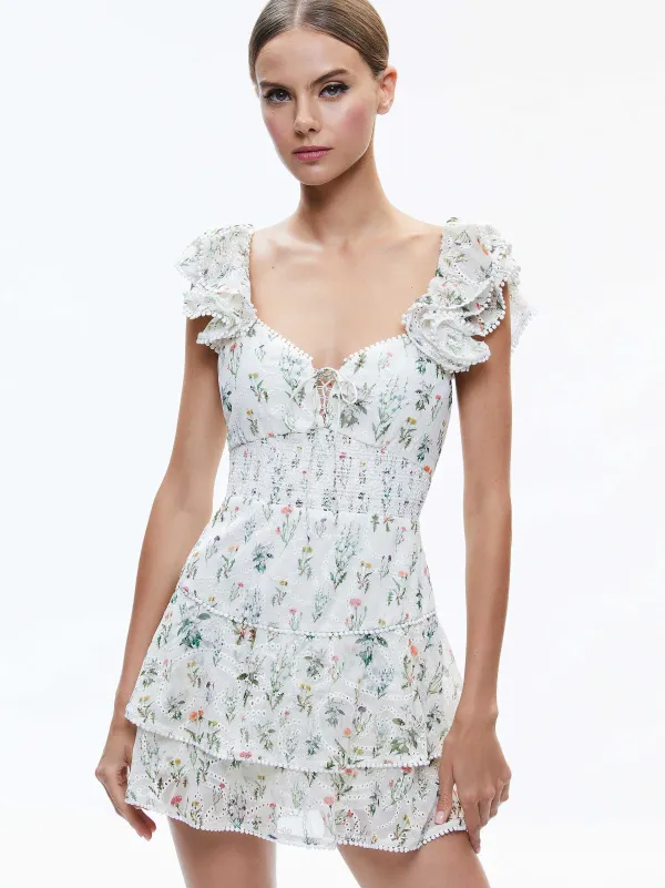 Women Alice and Olivia Hartford Smocked Bustier Tiered Mini Dress
