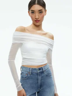 Women Alice and Olivia Isadola Over The Shoulder Ruched Long Sleeve Top