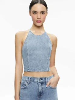 Women Alice and Olivia Jaymee Tie Neck Cropped Halter Top
