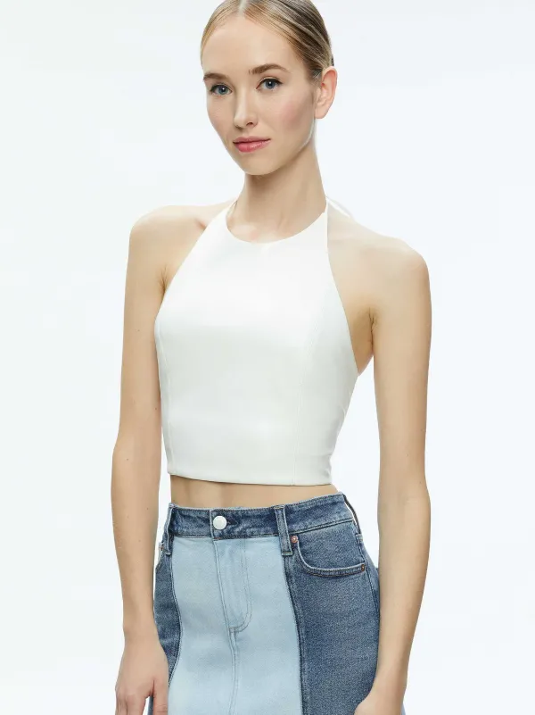 Women Alice and Olivia Jaymee Vegan Leather Cropped Halter Top