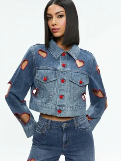 Women Alice and Olivia Jeff Heart Embroidered Cropped Denim Jacket