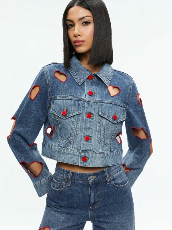 Women Alice and Olivia Jeff Heart Embroidered Cropped Denim Jacket