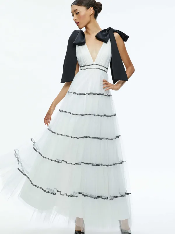 Women Alice and Olivia Jessalyn Bow Strap Tiered Maxi Gown