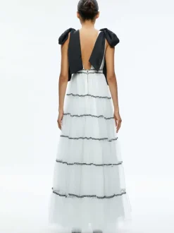 Women Alice and Olivia Jessalyn Bow Strap Tiered Maxi Gown