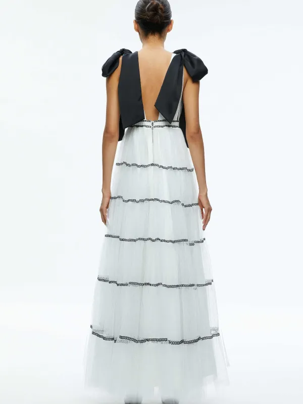 Women Alice and Olivia Jessalyn Bow Strap Tiered Maxi Gown