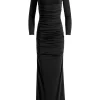 Women Alice and Olivia Katherina Crew Neck Long Sleeve Ruched Maxi Dress