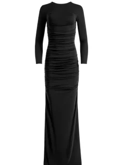 Women Alice and Olivia Katherina Crew Neck Long Sleeve Ruched Maxi Dress