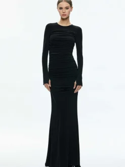 Women Alice and Olivia Katherina Crew Neck Long Sleeve Ruched Maxi Dress