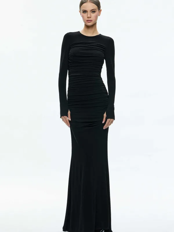 Women Alice and Olivia Katherina Crew Neck Long Sleeve Ruched Maxi Dress