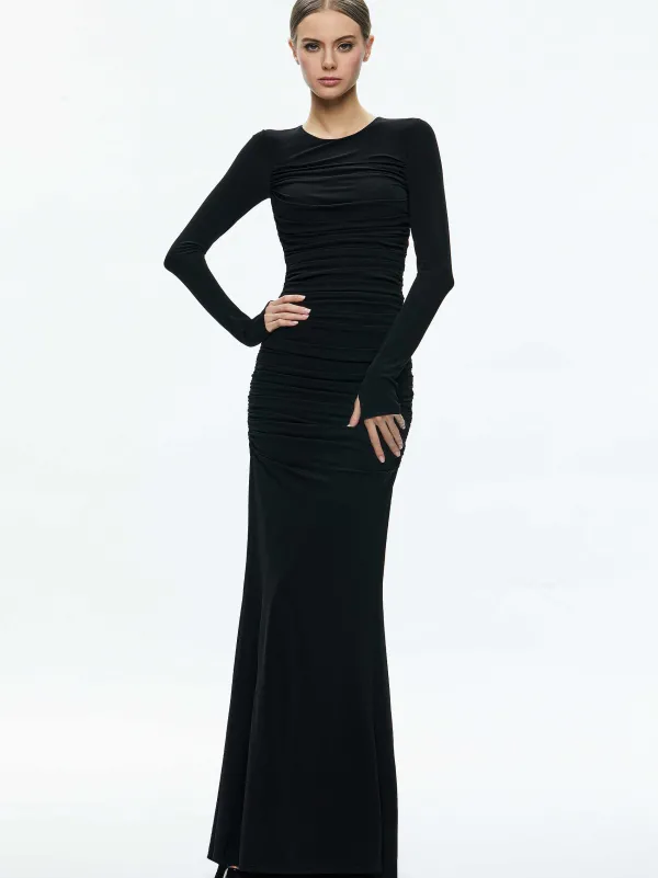 Women Alice and Olivia Katherina Crew Neck Long Sleeve Ruched Maxi Dress