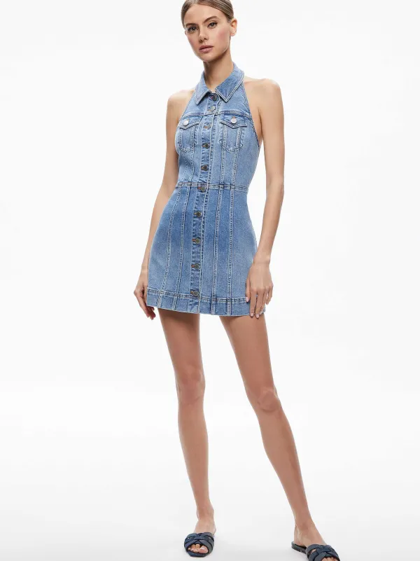 Women Alice and Olivia Kendall Denim Halter Mini Dres