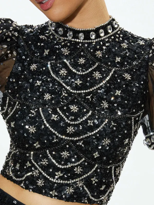 Women Alice and Olivia Kristina Embellished Puff Sleeve Crop Top