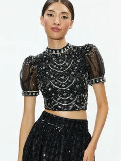 Women Alice and Olivia Kristina Embellished Puff Sleeve Crop Top