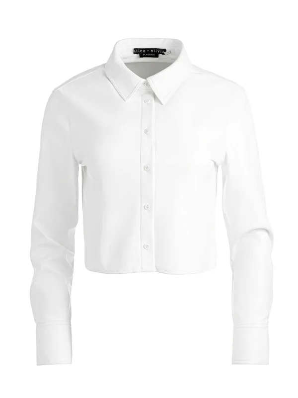 Women Alice and Olivia Leon Cropped Vegan Leather Button Down