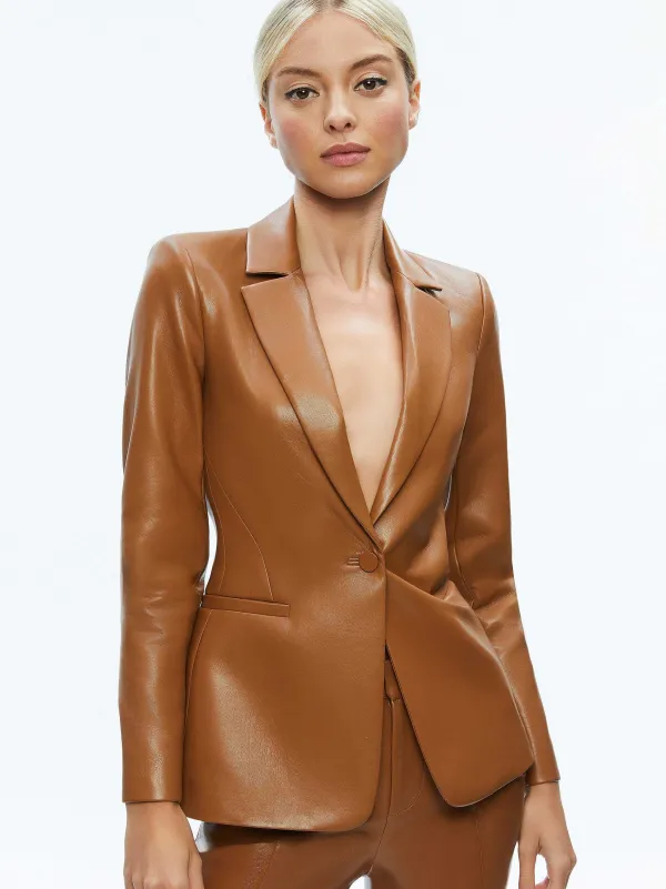 Women Alice and Olivia Macey Fitted Vegan Leather Blazer + Danette Vegan Leather Split Hem Trousers