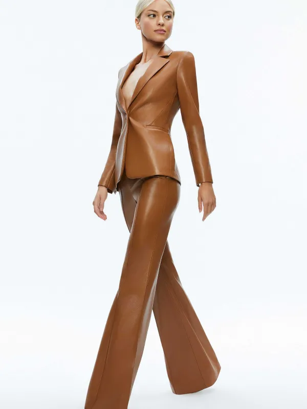 Women Alice and Olivia Macey Fitted Vegan Leather Blazer + Danette Vegan Leather Split Hem Trousers