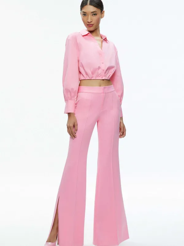 Women Alice and Olivia Macey Notch Collar Fitted Blazer + Danette High Rise Flare Slit Trouser