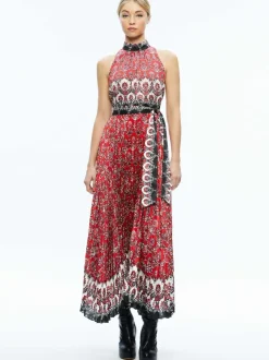 Women Alice and Olivia Mertie Mock Neck Pleated Maxi Dress