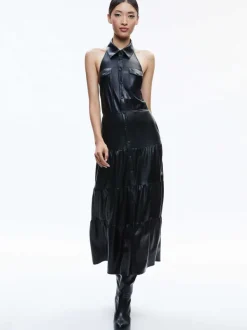 Women Alice and Olivia Miranda Vegan Halter Neck Tiered Midi Dress
