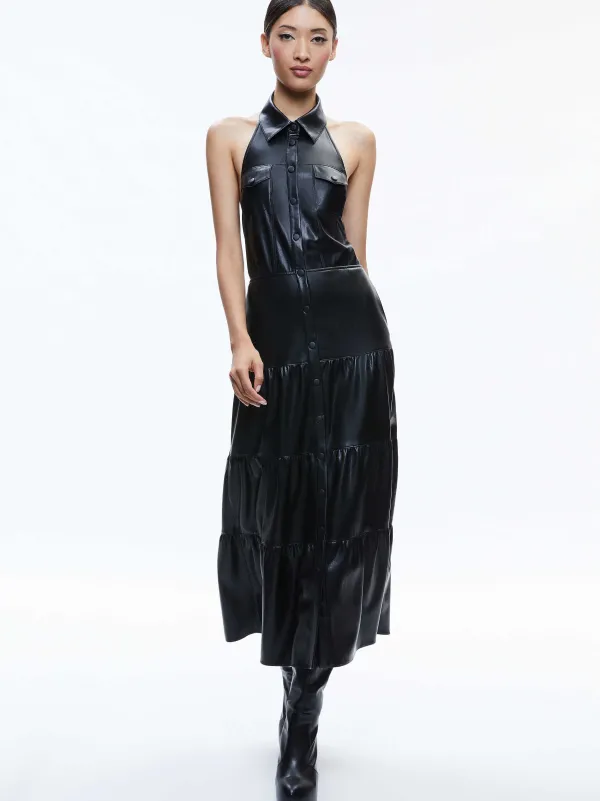 Women Alice and Olivia Miranda Vegan Halter Neck Tiered Midi Dress