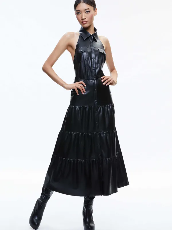Women Alice and Olivia Miranda Vegan Halter Neck Tiered Midi Dress