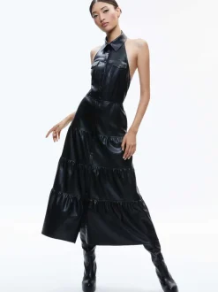 Women Alice and Olivia Miranda Vegan Halter Neck Tiered Midi Dress